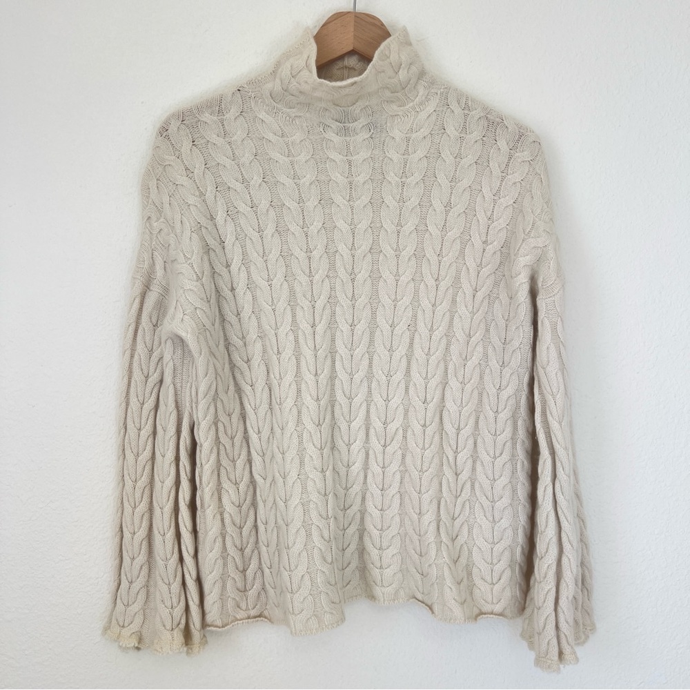 Theory Horseshoe Cable Knit Mock Turtleneck Cashmere Sweater Ivory Cream Large